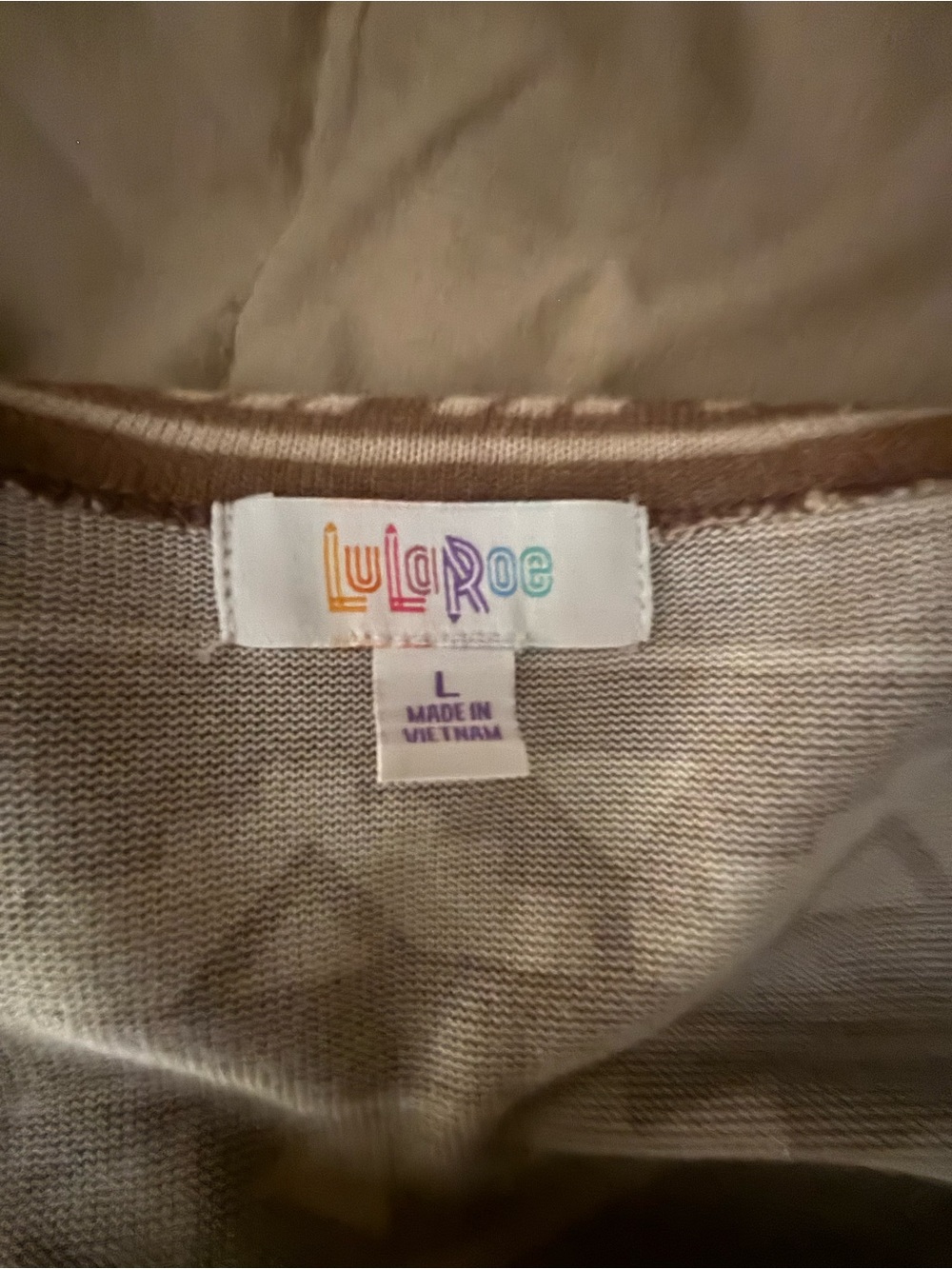 LuLaRoe Caroline Knit Top - Taupe and Brown Print